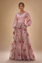 A-Line/Princess V-Neck Floral Embroidery Floor-Length Mother of the Bride & Groom Dresses with Ruched Satin Bodice (SHI22501691)