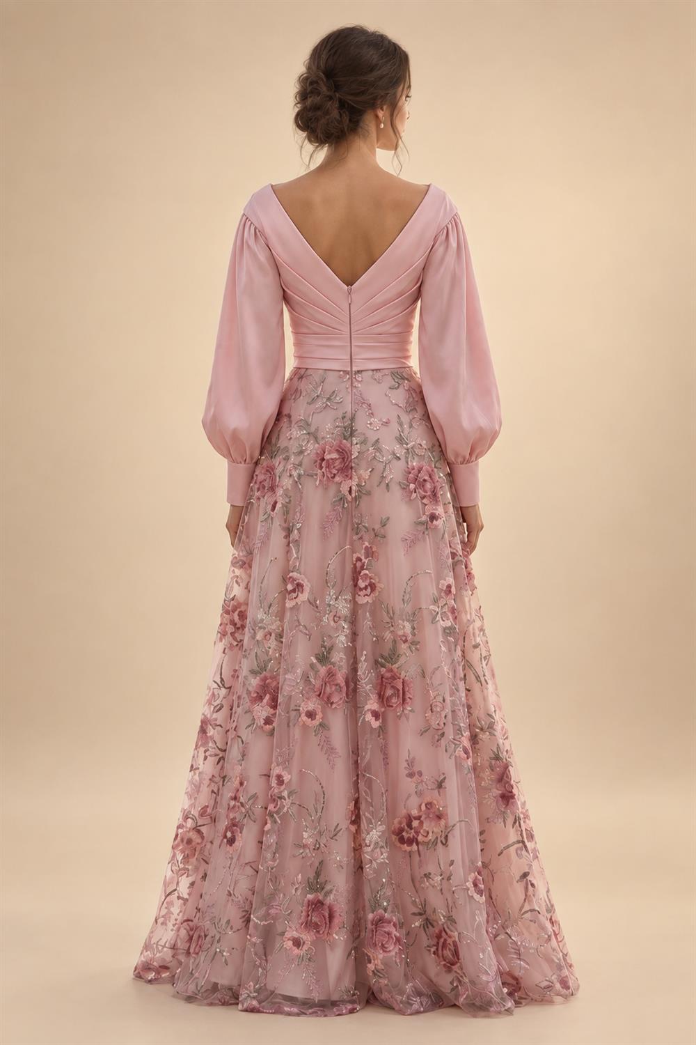 A-Line/Princess V-Neck Floral Embroidery Floor-Length Mother of the Bride & Groom Dresses with Ruched Satin Bodice (SHI22501691)