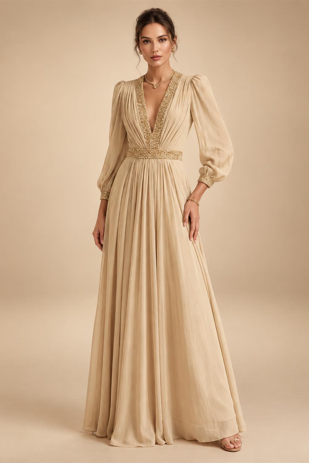 A-Line/Princess V-Neck Chiffon Maxi Mother of the Bride & Groom Dresses with Rhinestones & Pleats (SHI22501693)