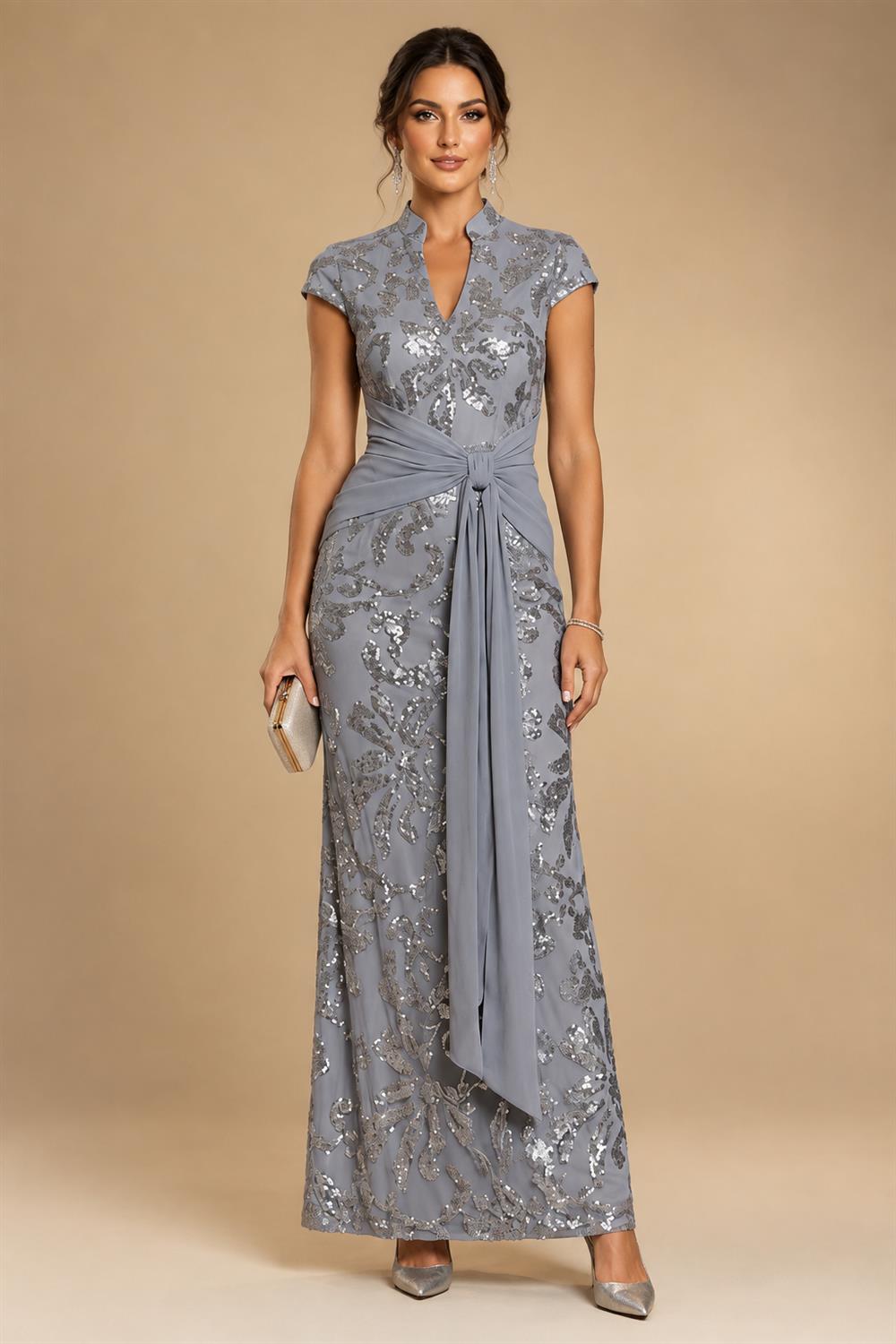 Sheath/Column V-Neck Sequin Maxi Mother of the Bride & Groom Dresses with Ruched Waist & Side Sash (SHI22501697)