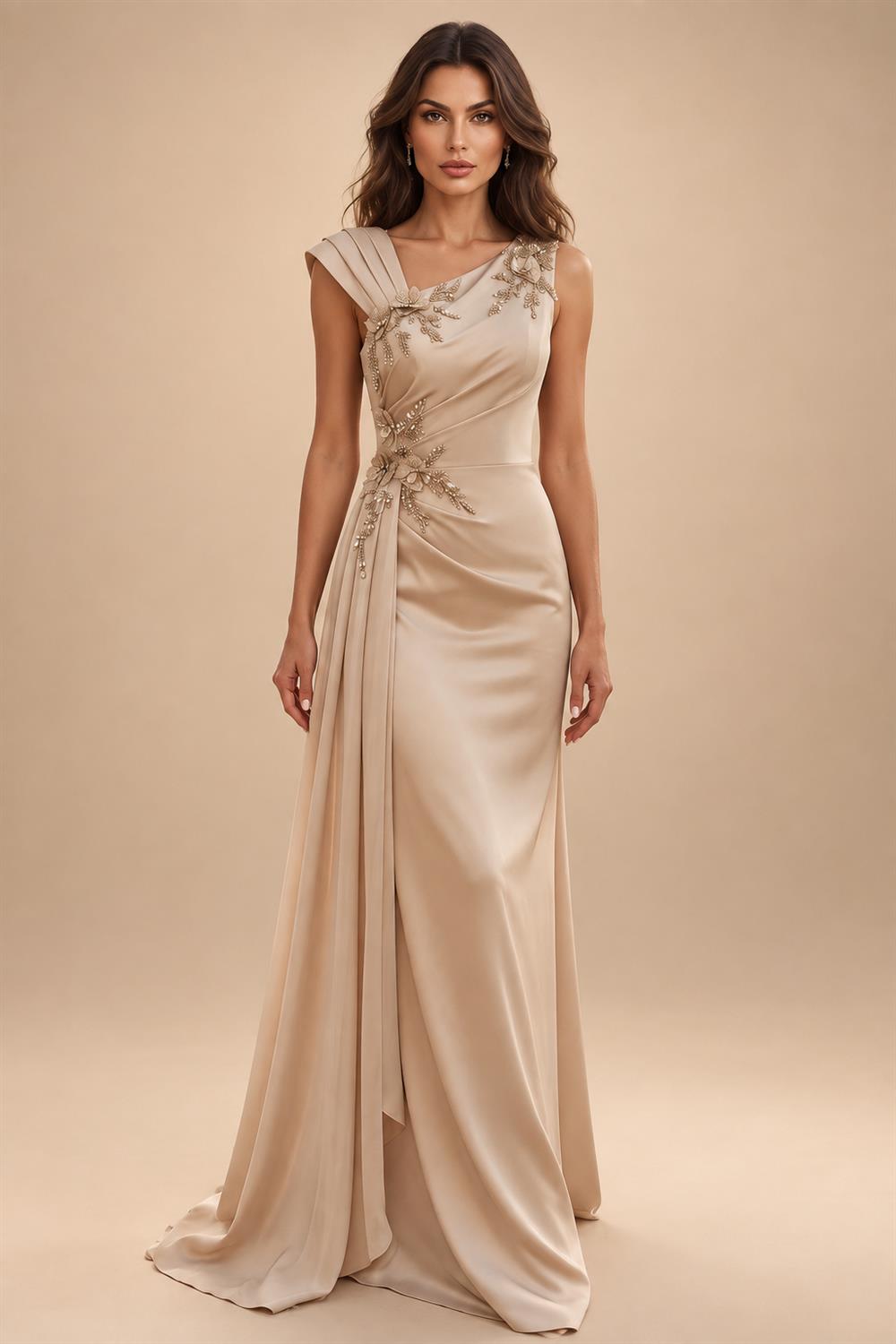 Sheath/Column Off Shoulder Stretch Jersey Floor-Length Mother of the Bride & Groom Dresses with Lace Appliques Sleeves & Slit (SHI22501550)