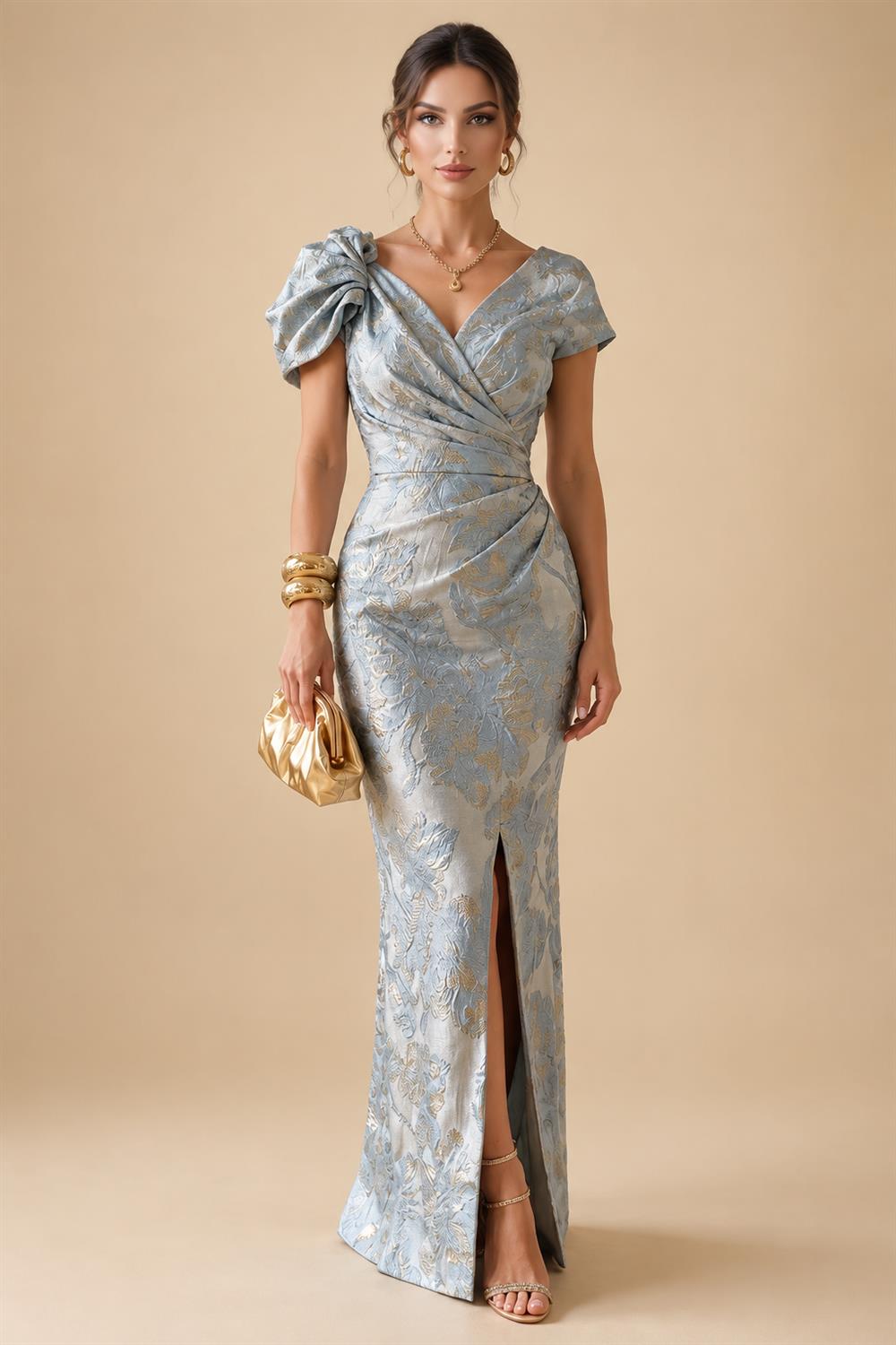 Jacquard A-Line/Princess V-Neck Floor-Length Mother of the Bride & Groom Dresses with Ruched Waist & Pockets (SHI22500984)