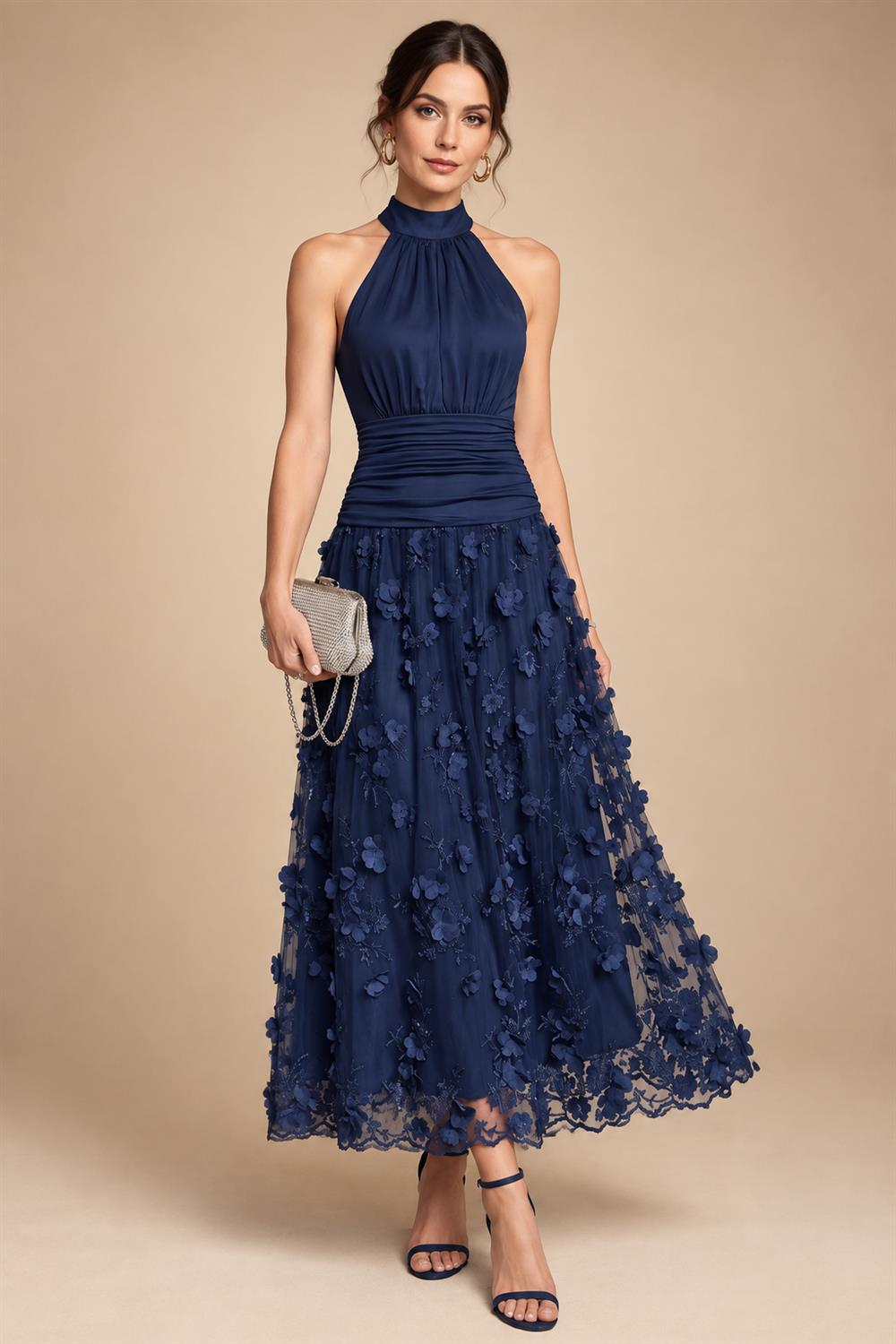 A-Line/Princess Halter Lace Appliques Tea-Length Mother of the Bride & Groom Dresses with 3D Flowers & Ruched Waist (SHI23001321)
