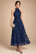 A-Line/Princess Halter Lace Appliques Tea-Length Mother of the Bride & Groom Dresses with 3D Flowers & Ruched Waist (SHI23001321)