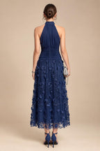 A-Line/Princess Halter Lace Appliques Tea-Length Mother of the Bride & Groom Dresses with 3D Flowers & Ruched Waist (SHI23001321)
