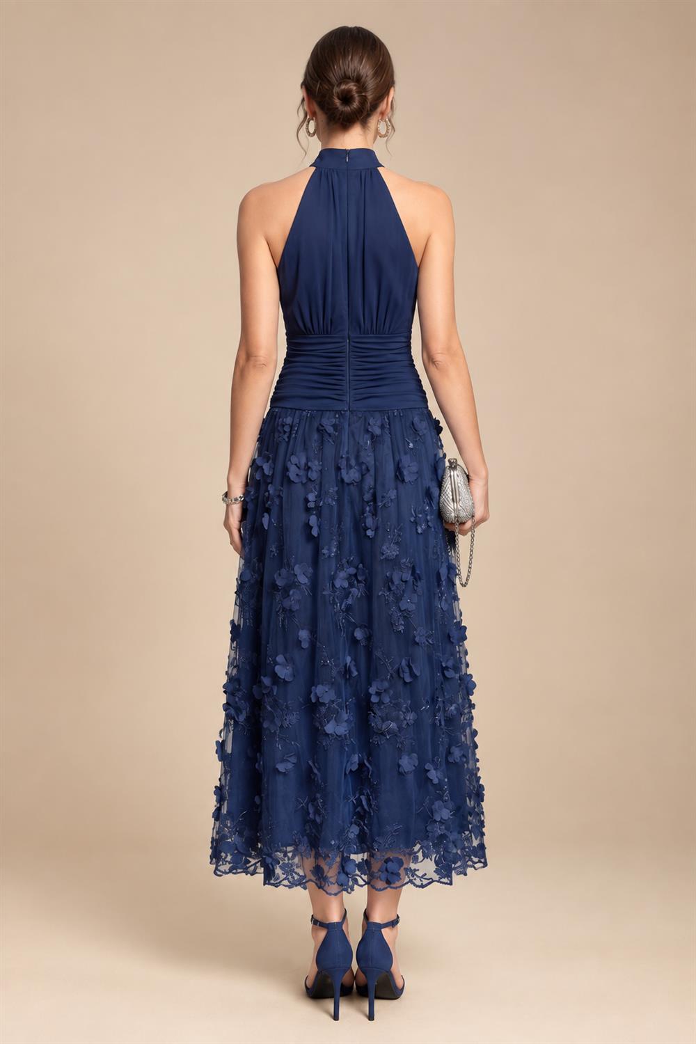 A-Line/Princess Halter Lace Appliques Tea-Length Mother of the Bride & Groom Dresses with 3D Flowers & Ruched Waist (SHI23001321)