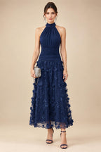 A-Line/Princess Halter Lace Appliques Tea-Length Mother of the Bride & Groom Dresses with 3D Flowers & Ruched Waist (SHI23001321)