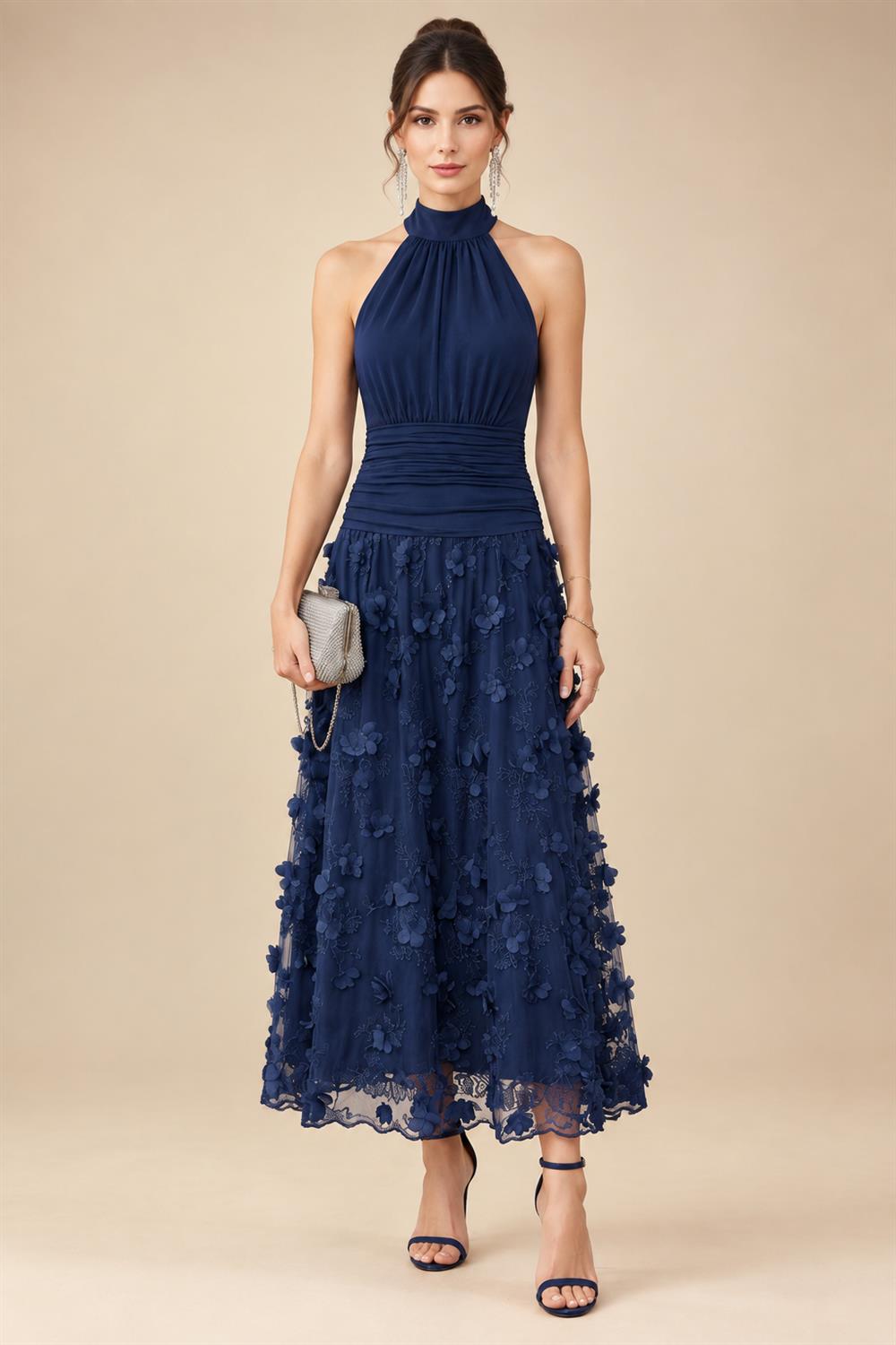 A-Line/Princess Halter Lace Appliques Tea-Length Mother of the Bride & Groom Dresses with 3D Flowers & Ruched Waist (SHI23001321)