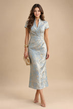 Sheath Satin 3/4 Sleeves Maxi Mother of the Bride & Groom Dresses with Chiffon Cape (SHI22500709)