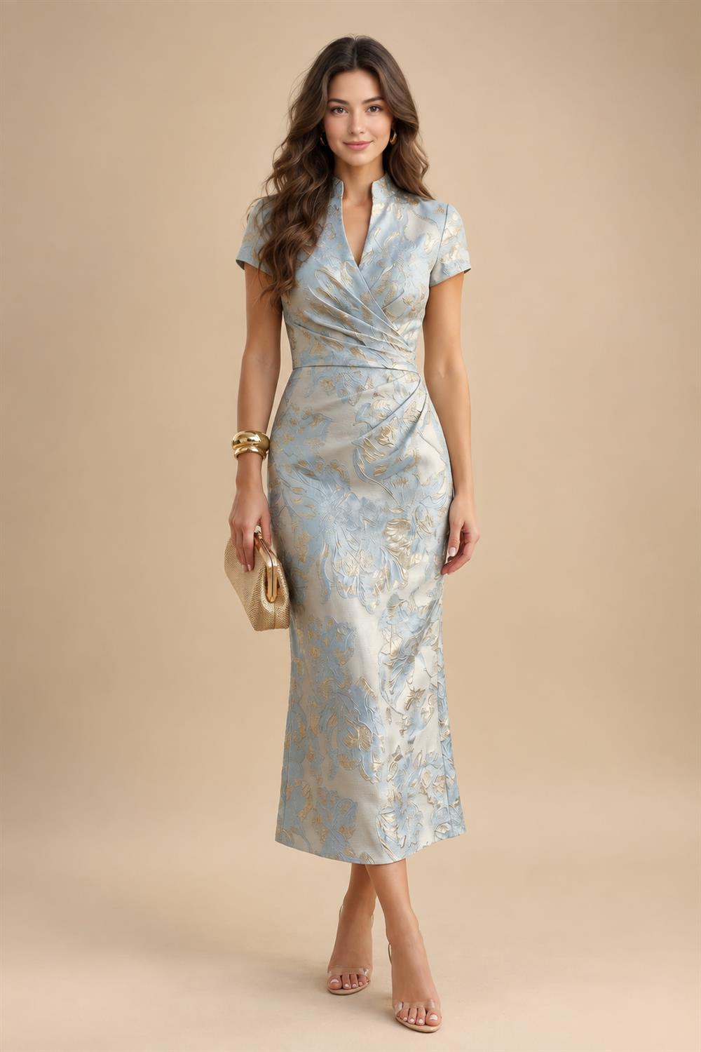 Sheath Satin 3/4 Sleeves Maxi Mother of the Bride & Groom Dresses with Chiffon Cape (SHI22500709)