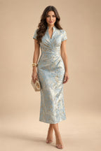 Satin V Neck Floral Print A Line Mother of the Bride Dresses (SHIR1110445)