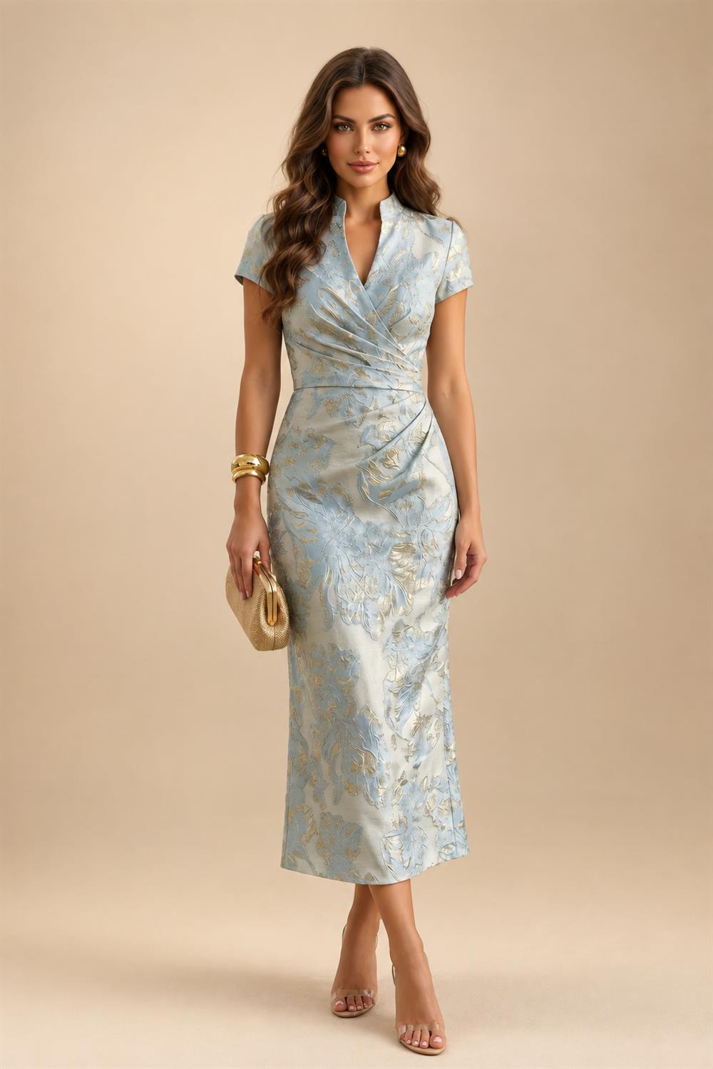 Sheath/Column Scoop Neck Satin Tea-Length Mother of the Bride & Groom Dresses with Ruched Waist (SHI22501621)