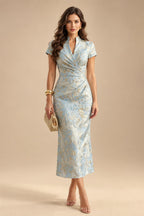 Cape Sleeve Jacquard Satin Ruched Mother of the Bride Dresses (SHI22500526)