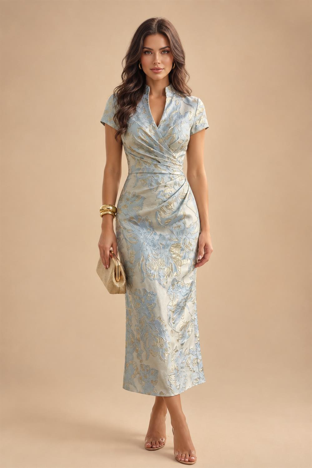 Jacquard Sheath/Column V-Neck Floor-Length Mother of the Bride & Groom Dresses with Ruched Waist (SHI22501057)