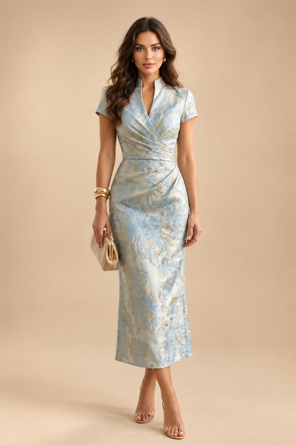 Jacquard Sheath/Column V-Neck Floor-Length Mother of the Bride & Groom Dresses with Ruched Waist (SHI22501057)