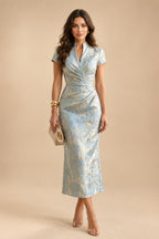 Jacquard Sheath/Column V-Neck Floor-Length Mother of the Bride & Groom Dresses with Ruched Waist (SHI22501057)