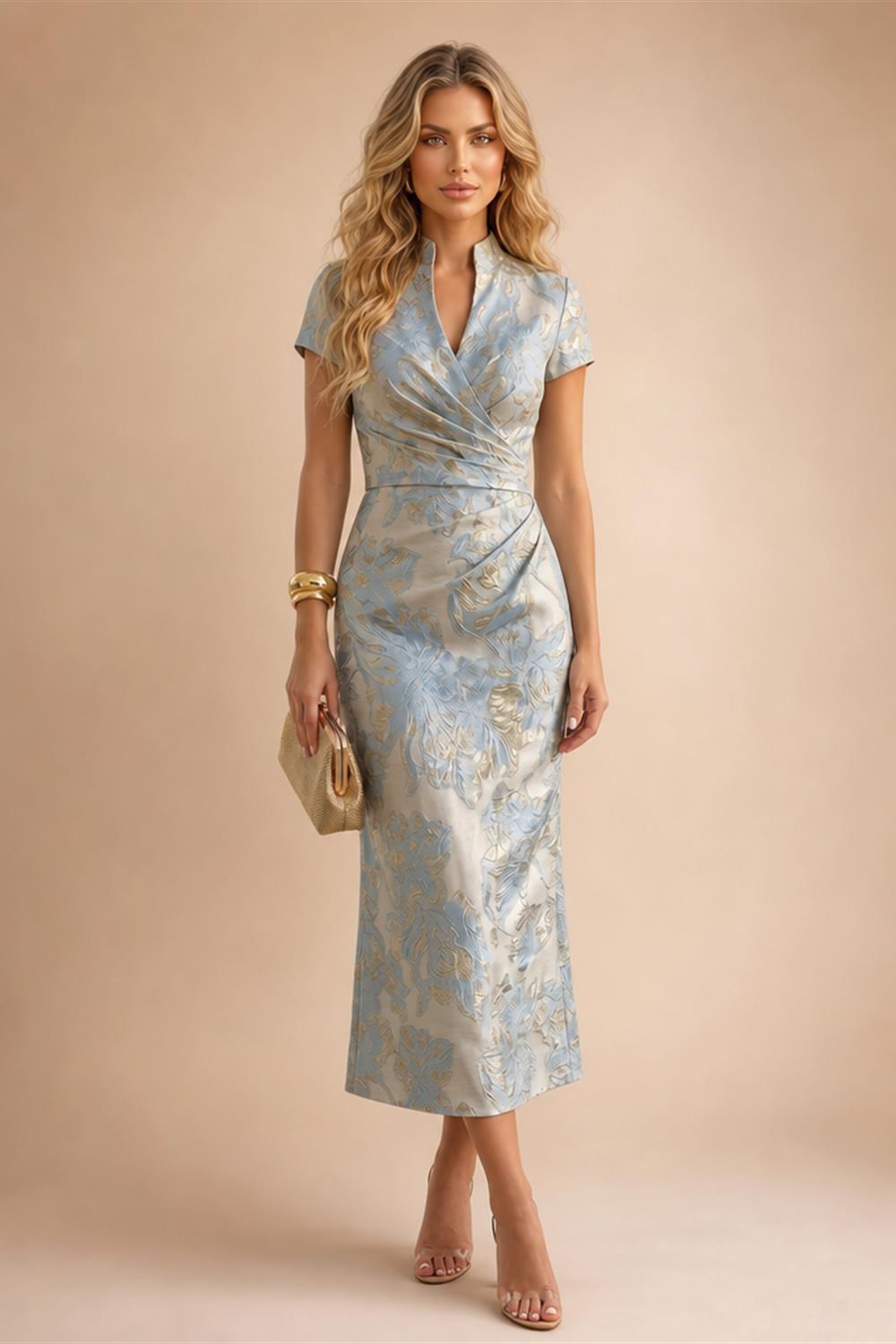 Jacquard Sheath/Column V-Neck Tea-Length Mother of the Bride & Groom Dresses for Women (SHI22501292)