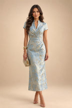 Sheath Satin Tea-Length Mother of the Bride & Groom Dresses with 3/4 Bell Sleeves & Crystal Embellished Belt (SHI22500471)