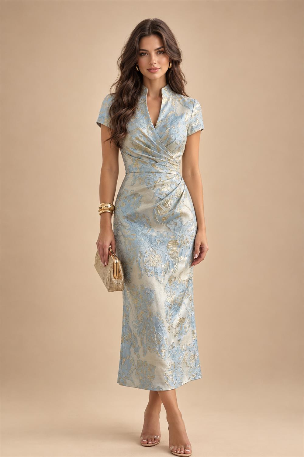 Jacquard A-Line/Princess V-Neck Tea-Length Mother of the Bride & Groom Dresses with Ruched Waist (SHI22501056)