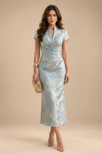 Jacquard A-Line/Princess V-Neck Tea-Length Mother of the Bride & Groom Dresses with Ruched Waist (SHI22501056)
