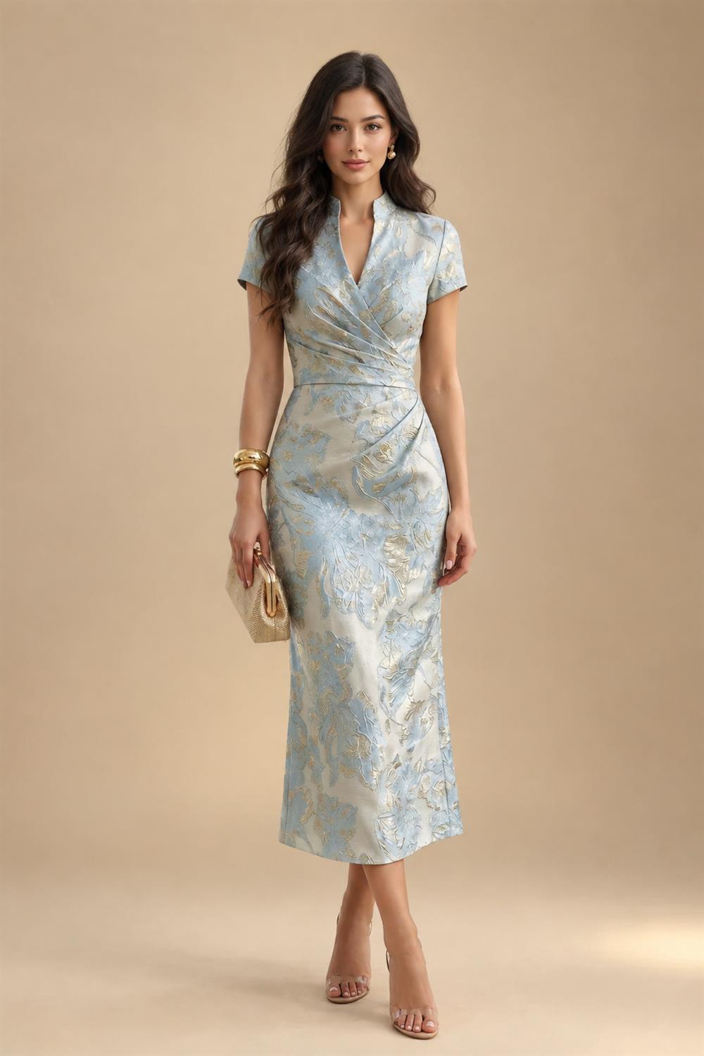 Jacquard Sheath/Column 3/4 Sleeves Floor-Length Mother of the Bride & Groom Dresses with Ruched Waist & Rhinestones (SHI22500801)