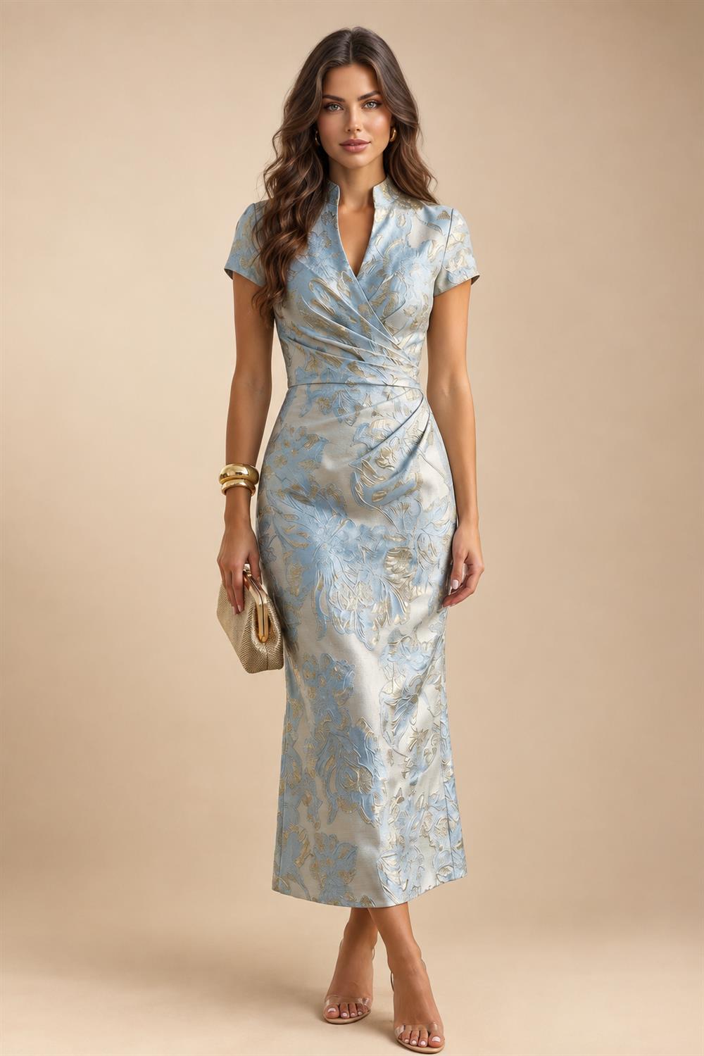 A-Line Chiffon Pleated Long Mother of the Bride & Groom Dresses with 3/4 Flutter Sleeves & Sequin Waist (SHI22500702)