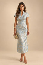 Jacquard Sheath/Column V-Neck Floor-Length Mother of the Bride & Groom Dresses with Ruffles & Ruched Waist (SHI22501058)