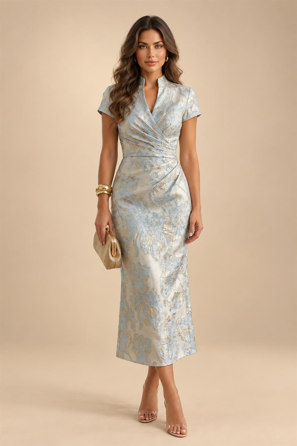 Jacquard Sheath/Column V-Neck Floor-Length Mother of the Bride & Groom Dresses with Ruffles & Ruched Waist (SHI22501058)