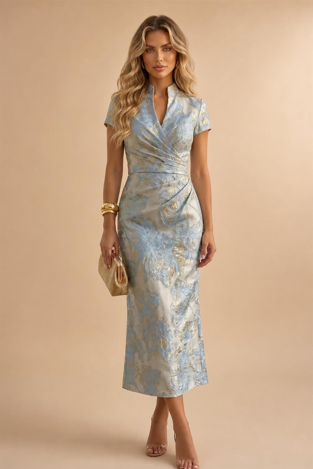 Jacquard A-Line/Princess V-Neck Floor-Length Mother of the Bride & Groom Dresses with Ruched Waist & Pockets (SHI22501298)