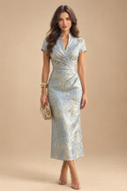 Floral Print A-Line/Princess V-Neck Tea-Length Mother of the Bride & Groom Dresses with Ruched Waist & Pockets (SHI22501150)