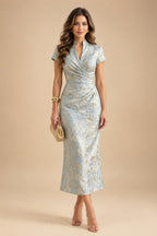 Jacquard Sheath/Column V-Neck Floor-Length Mother of the Bride & Groom Dresses with Ruched Waist (SHIB22500907)