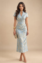 Sheath Satin Tea-Length Mother of the Bride & Groom Dresses with 3/4 Bell Sleeves & Crystal Embellished Belt (SHI22500471)