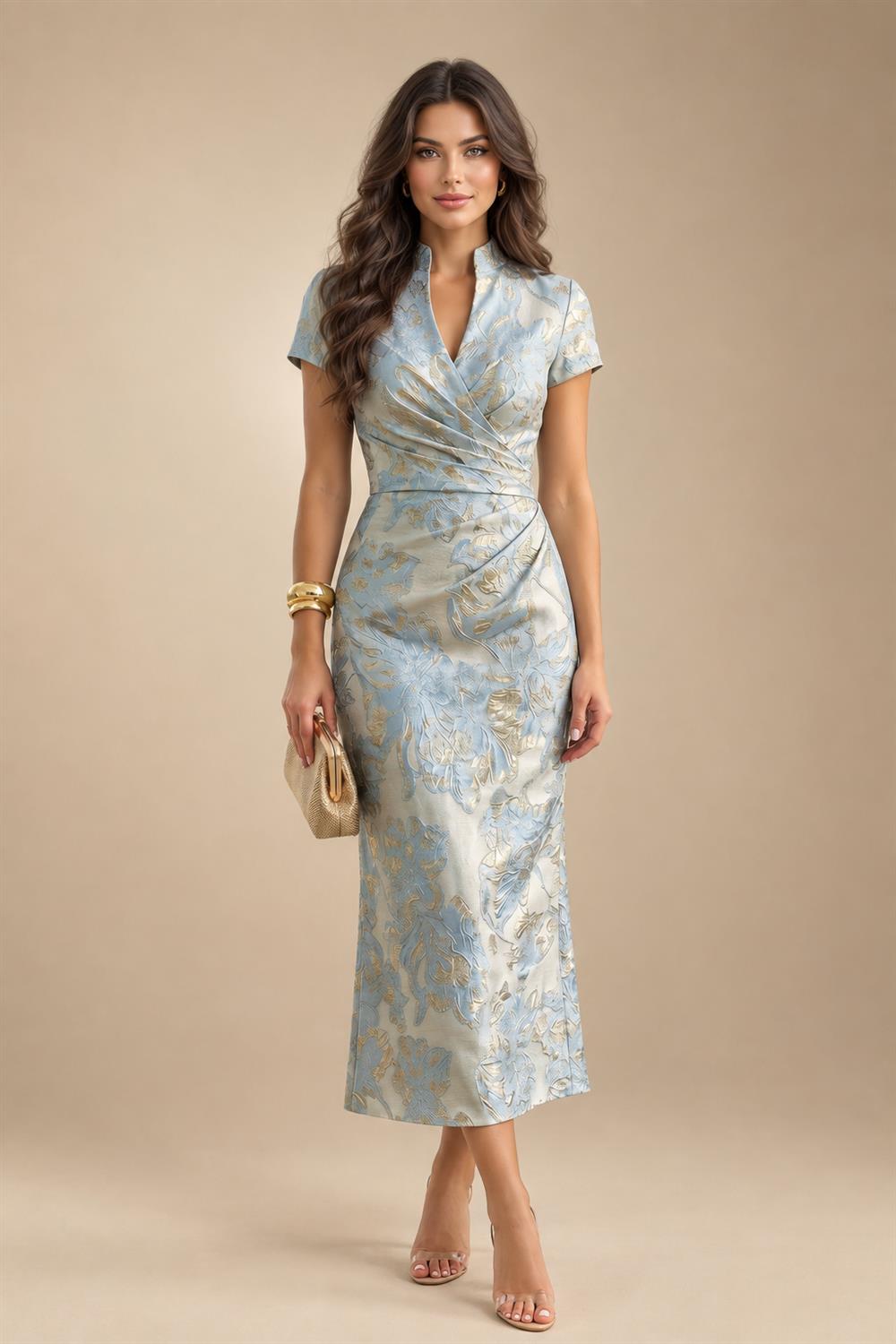A-Line Chiffon 3/4 Flutter Sleeves Mother of the Bride & Groom Dresses with Beaded Lace Embroidered Bodice (SHI22500645)