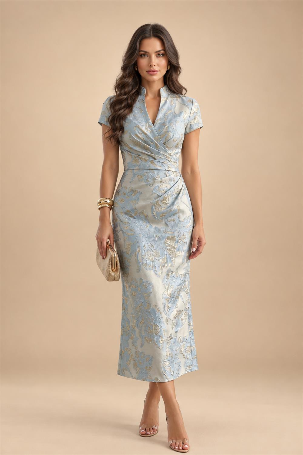A Line/Princess Stand Collar Short Sleeve Long Elegant Mother of the Bride Dresses (SHI22500207)