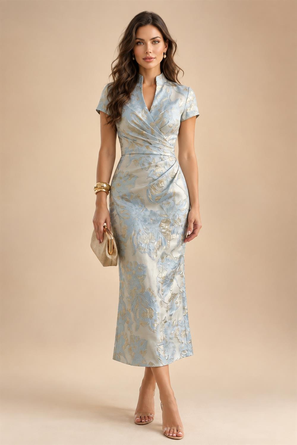Jacquard A-Line/Princess V-Neck Floor-Length Mother of the Bride & Groom Dresses with Ruched Waist (SHI22501061)