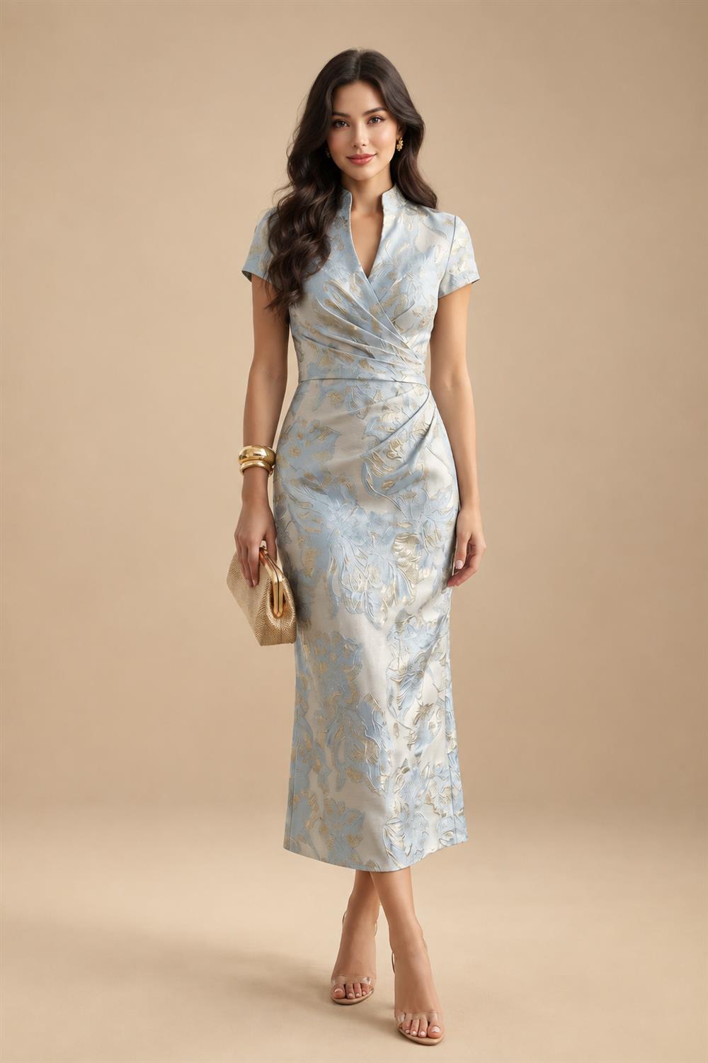 3/4 Sleeve Round Neck A-Line Midi Chiffon Mother of the Bride Dresses with Jacket (SHI22500386)