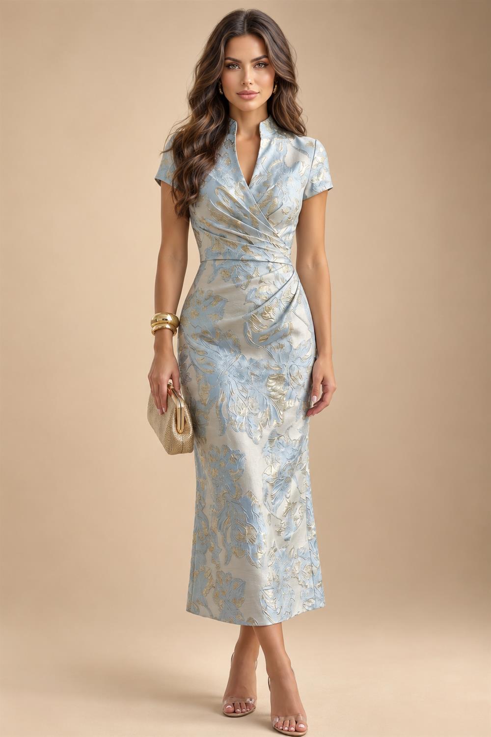 Sheath/Column V-Neck Jacquard Maxi Mother of the Bride & Groom Dresses with Ruffles & Slit (SHI25001047)