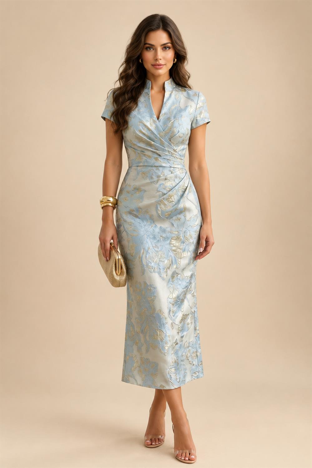 A-Line Chiffon V-Neck Short Sleeve Mother of the Bride Dresses Floor-Length with Sequin Appliques (SHI22500297)
