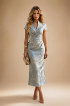 A-Line/Princess Scoop Illusion Lace Appliques Tea-Length Mother of the Bride Dresses with Pleated Ruffle (SHI22500105)