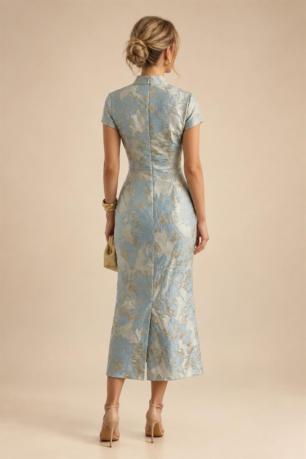 Jacquard A-Line/Princess V-Neck Tea-Length Mother of the Bride & Groom Dresses with Ruched Waist (SHI22501056)