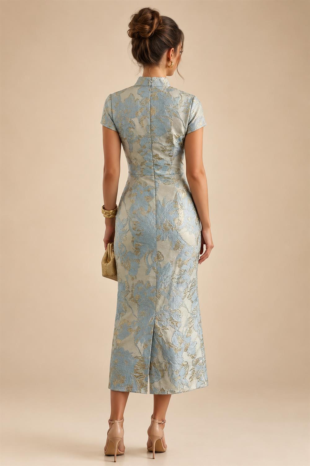 Jacquard Sheath/Column V-Neck Floor-Length Mother of the Bride & Groom Dresses with Ruched Waist (SHI22501057)