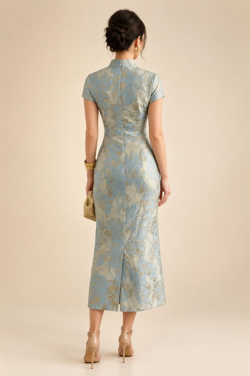 Jacquard Sheath/Column V-Neck Floor-Length Mother of the Bride & Groom Dresses with Ruched Waist (SHI22501057)