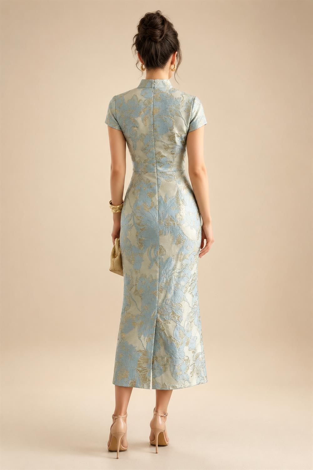 Jacquard Sheath/Column 3/4 Sleeves Floor-Length Mother of the Bride & Groom Dresses with Ruched Waist & Rhinestones (SHI22500801)