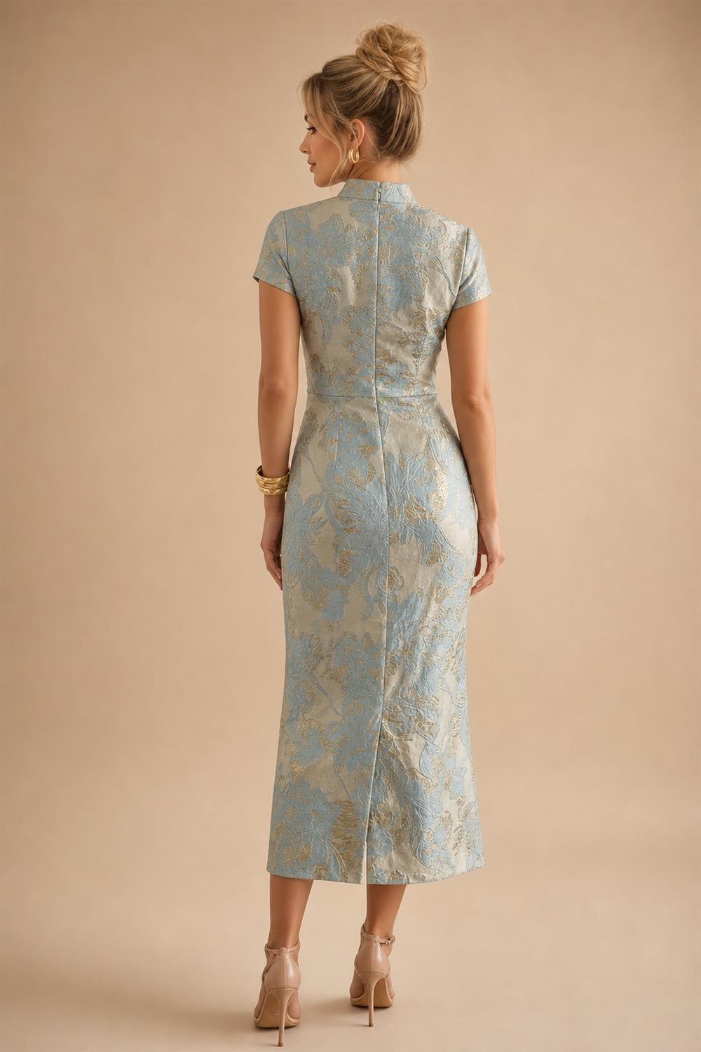Jacquard Sheath/Column V-Neck Tea-Length Mother of the Bride & Groom Dresses for Women (SHI22501292)