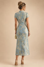 A-Line Chiffon 3/4 Flutter Sleeves Mother of the Bride & Groom Dresses with Beaded Lace Embroidered Bodice (SHI22500645)