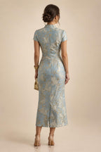 A-Line Metallic Satin Off Shoulder Bow Mother of the Bride & Groom Dresses with Floral Lace Appliques, Ruched Waist & Sweep Train (SHI22500425)