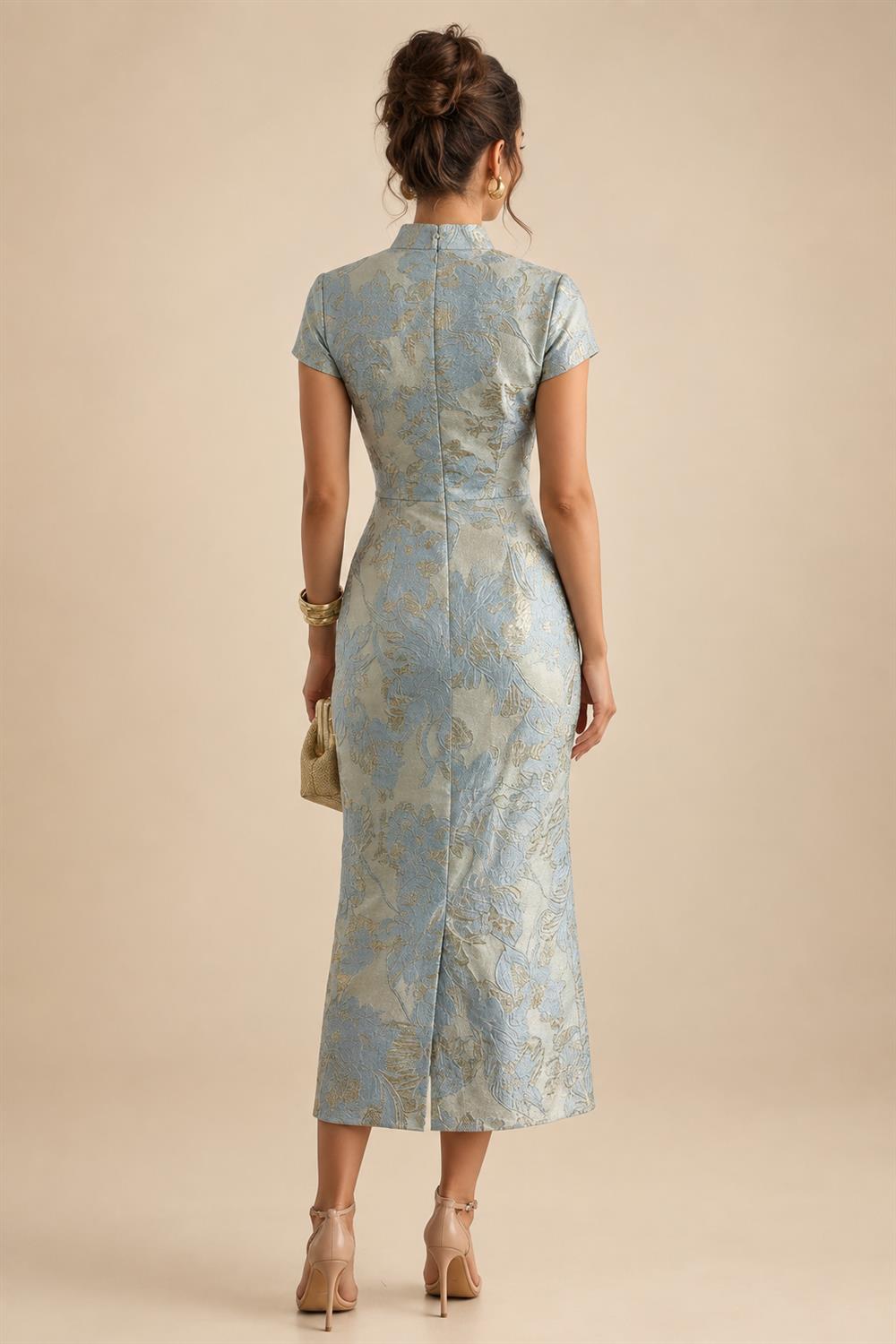 Sheath Satin Tea-Length Mother of the Bride & Groom Dresses with 3/4 Bell Sleeves & Crystal Embellished Belt (SHI22500471)