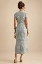 Sheath Satin Tea-Length Mother of the Bride & Groom Dresses with 3/4 Bell Sleeves & Crystal Embellished Belt (SHI22500471)
