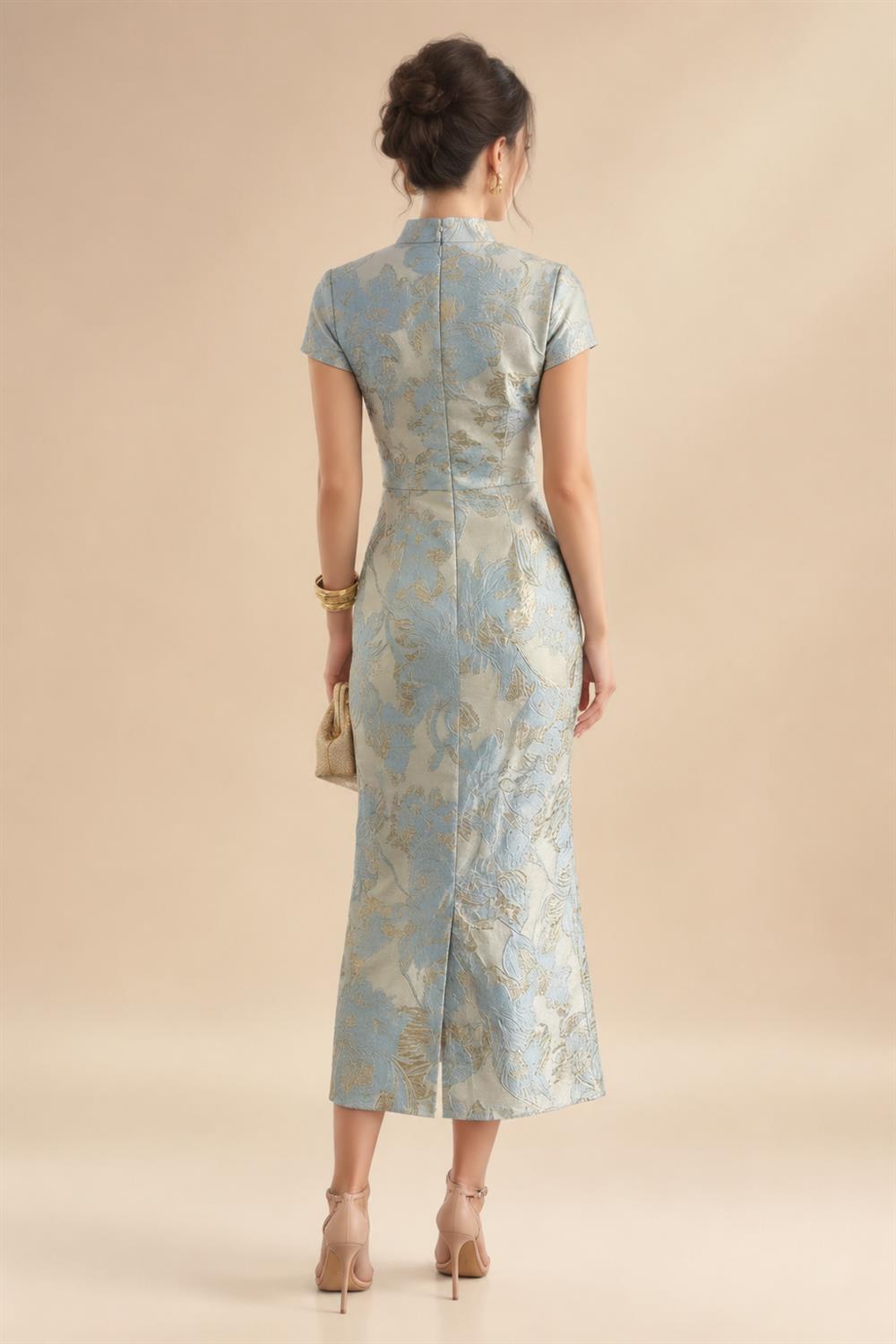 Jacquard Sheath/Column V-Neck Floor-Length Mother of the Bride & Groom Dresses with Ruffles & Ruched Waist (SHI22501058)