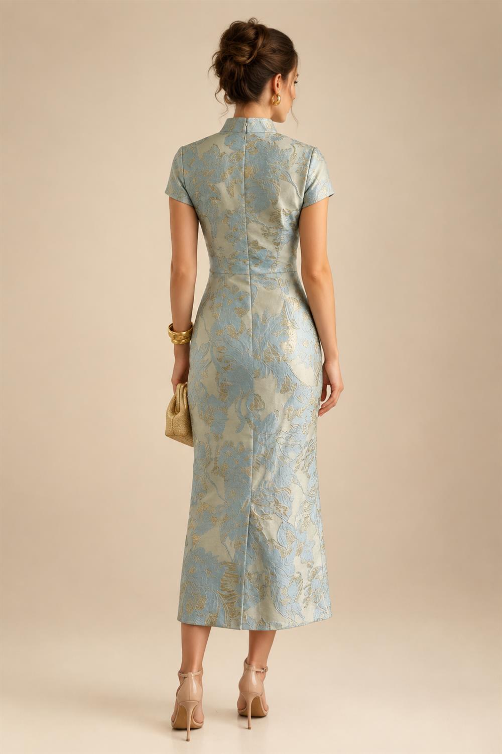 Jacquard A-Line/Princess V-Neck Tea-Length Mother of the Bride & Groom Dresses with Ruched Waist (SHI22501056)